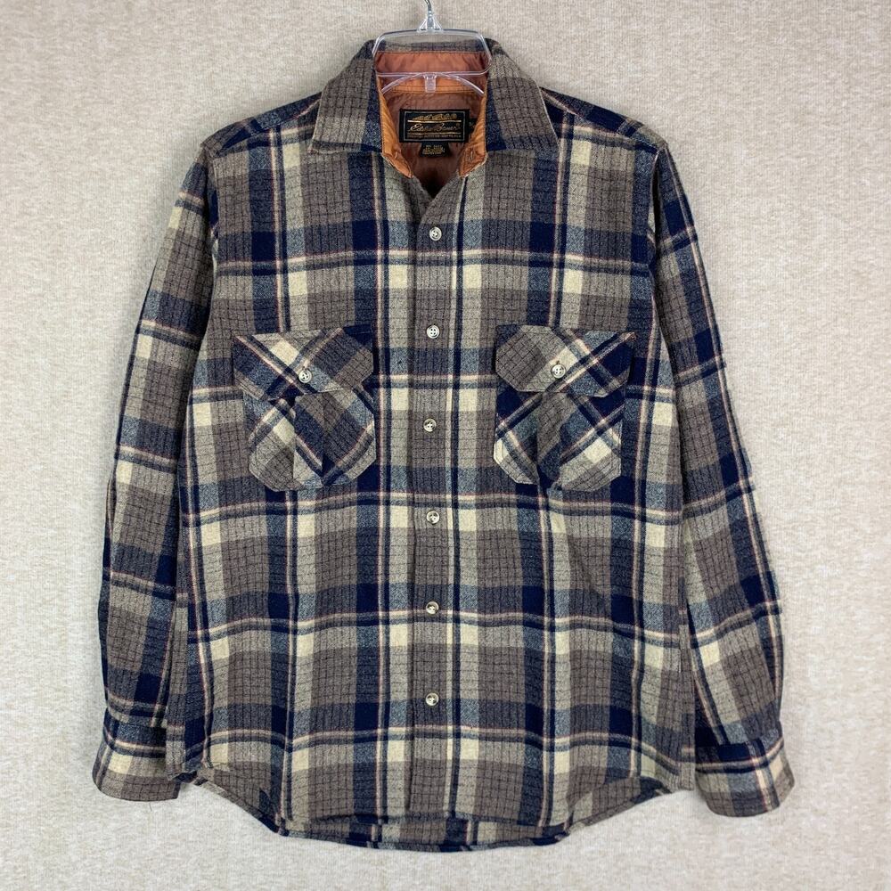 Vintage Eddie Bauer 100% Wool Shirt Jacket S Men Brown Plaid Heavyweight Shacket